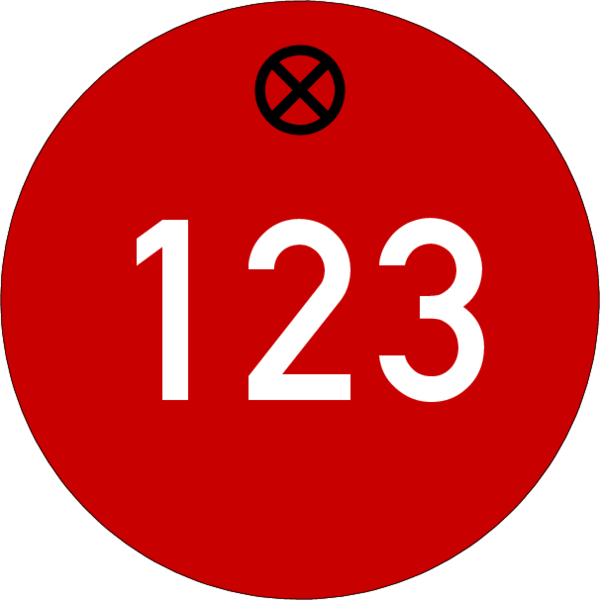 Werkzeugmarke rund 30mm, Kunststoff rot, Loch 4,0mm mit Gravur Zahl bis 3-stellig