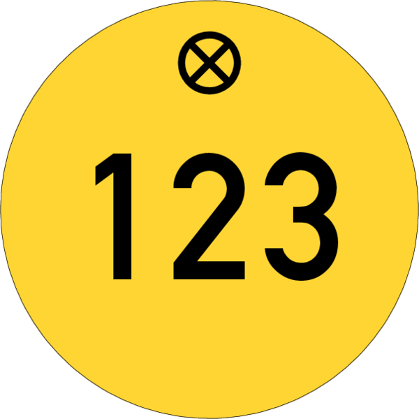 Werkzeugmarke rund 30mm, Kunststoff gelb, Loch 4,0mm mit Gravur Zahl bis 3-stellig
