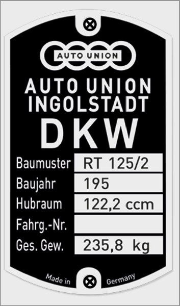Typenschild DKW RT 125/2